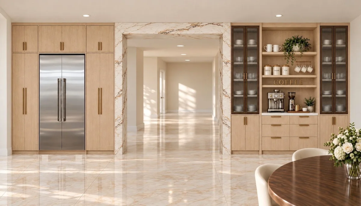 A Signature G kitchen in warm wood, marble and gold